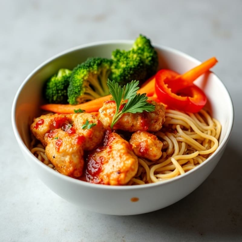 Spicy Sriracha Chicken and Crisp Vegetable Noodle Bowl