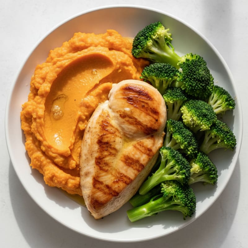 Seared Chicken Breast with Steamed Broccoli and Sweet Potato Mash