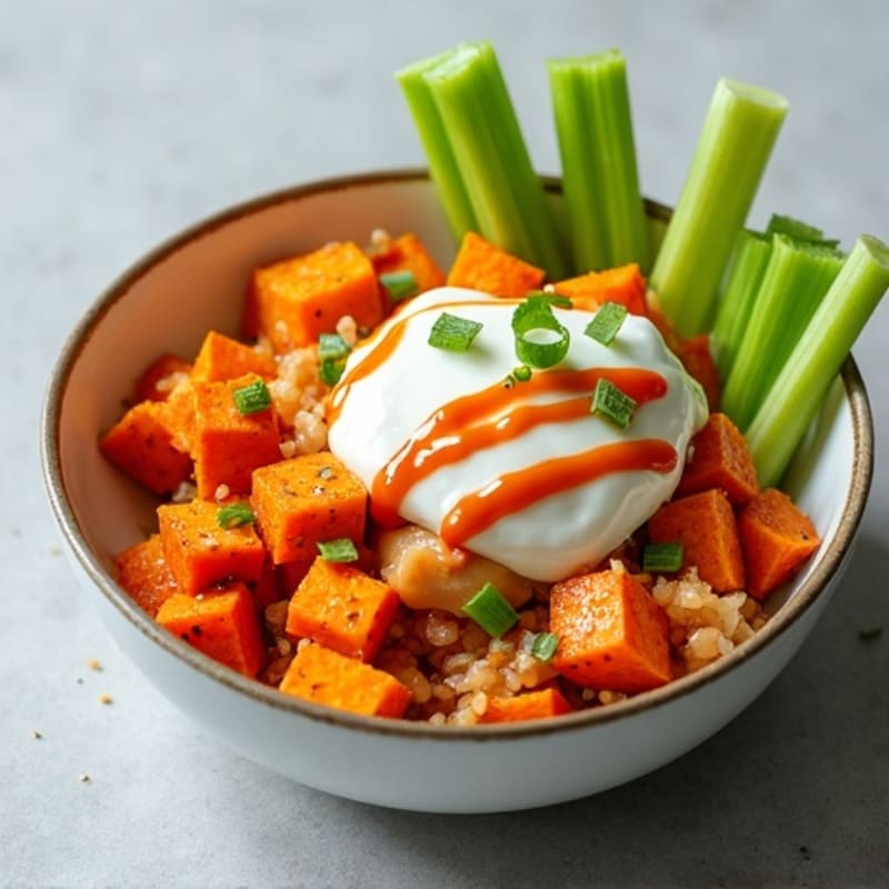 Creamy Buffalo Chicken Bowl with Roasted Sweet Potatoes and Crunchy Celery