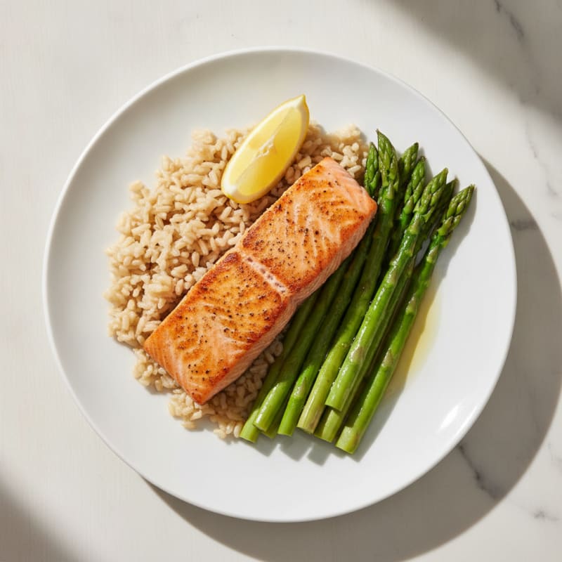 Seared Salmon with Steamed Asparagus and Brown Rice