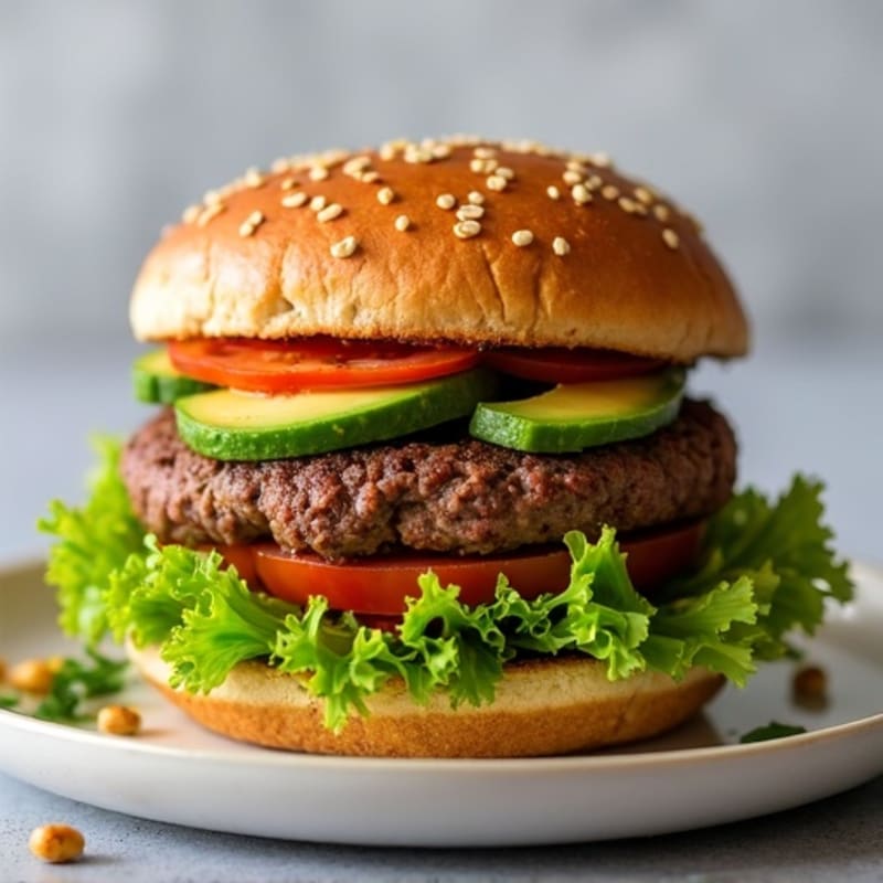 Grilled Lean Beef Burger with Fresh Avocado and Crispy Greens