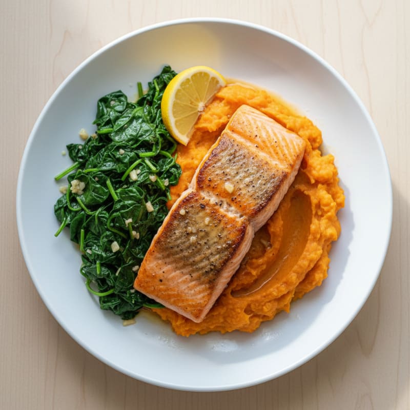 Seared Salmon with Garlic Spinach and Sweet Potato Mash