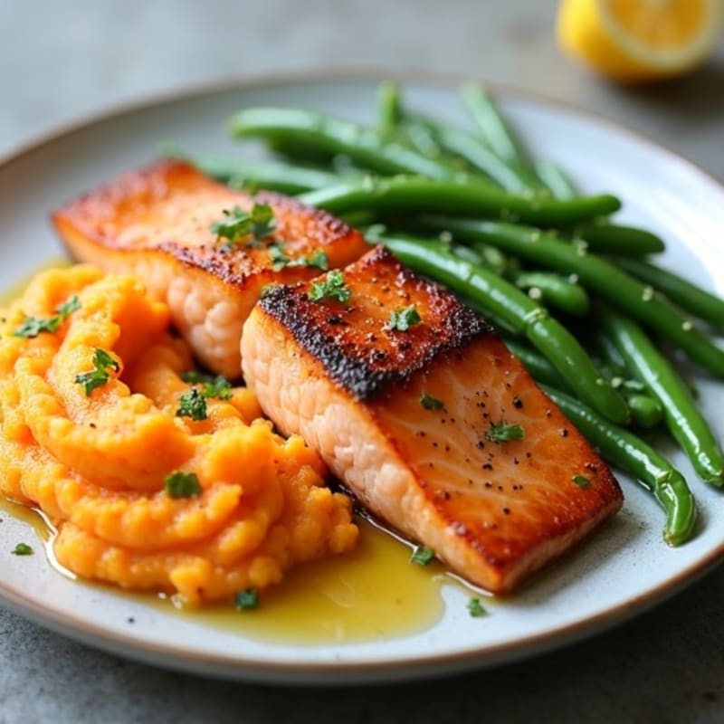 Seared Salmon with Garlic Green Beans and Sweet Potato Mash