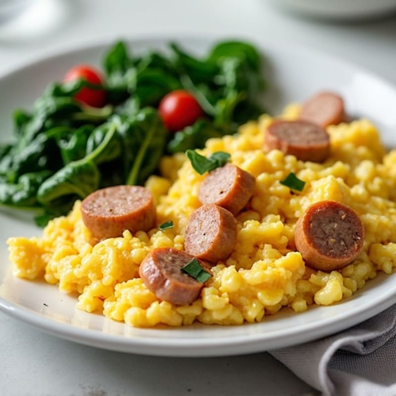 Egg White Scramble with Turkey Sausage and Sautéed Spinach