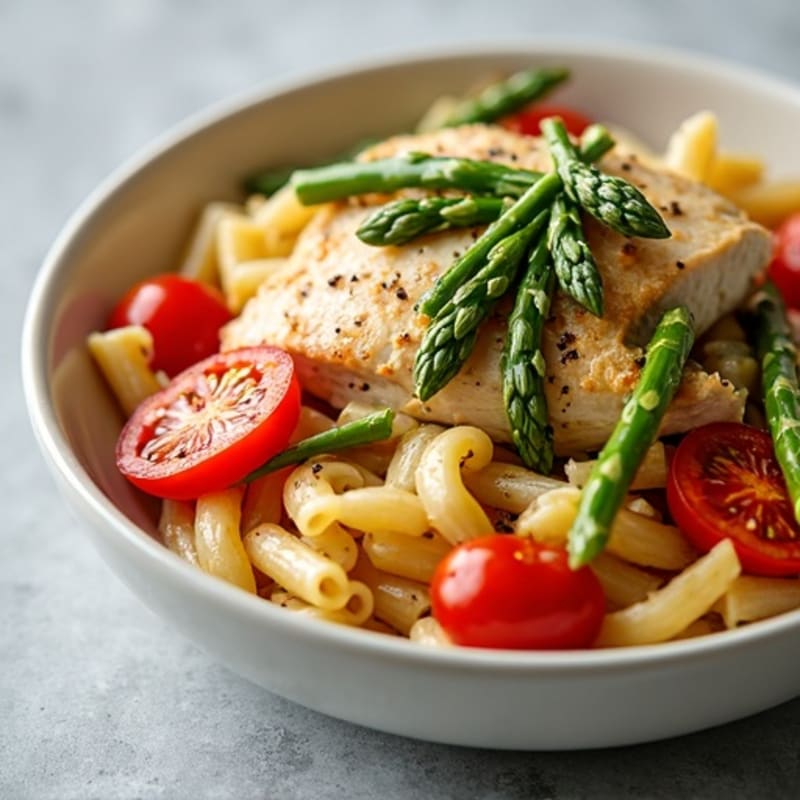 Lemon Garlic Chicken Pasta with Roasted Asparagus and Cherry Tomatoes