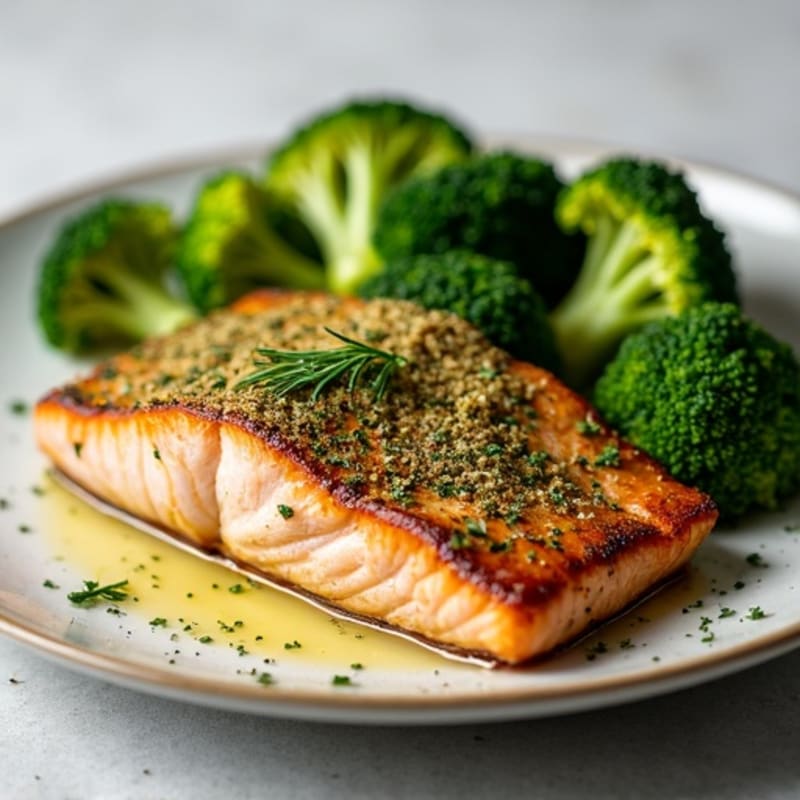 Herb-Crusted Pan Seared Salmon with Roasted Broccoli
