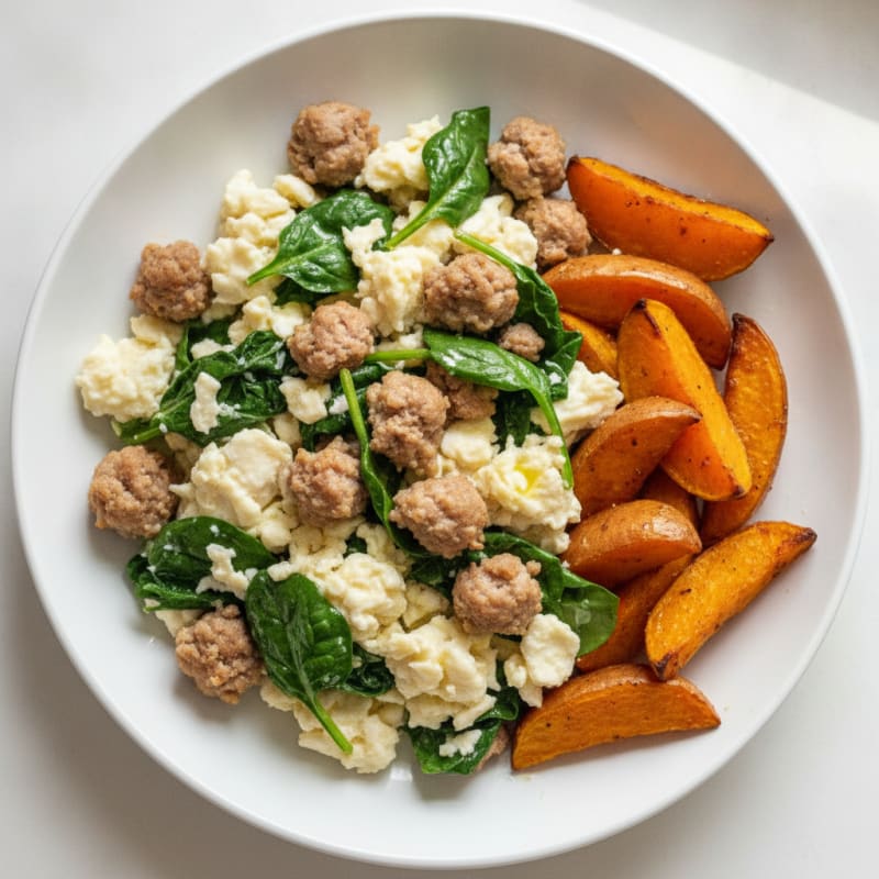 Egg White and Turkey Sausage Scramble with Spinach and Roasted Sweet Potato