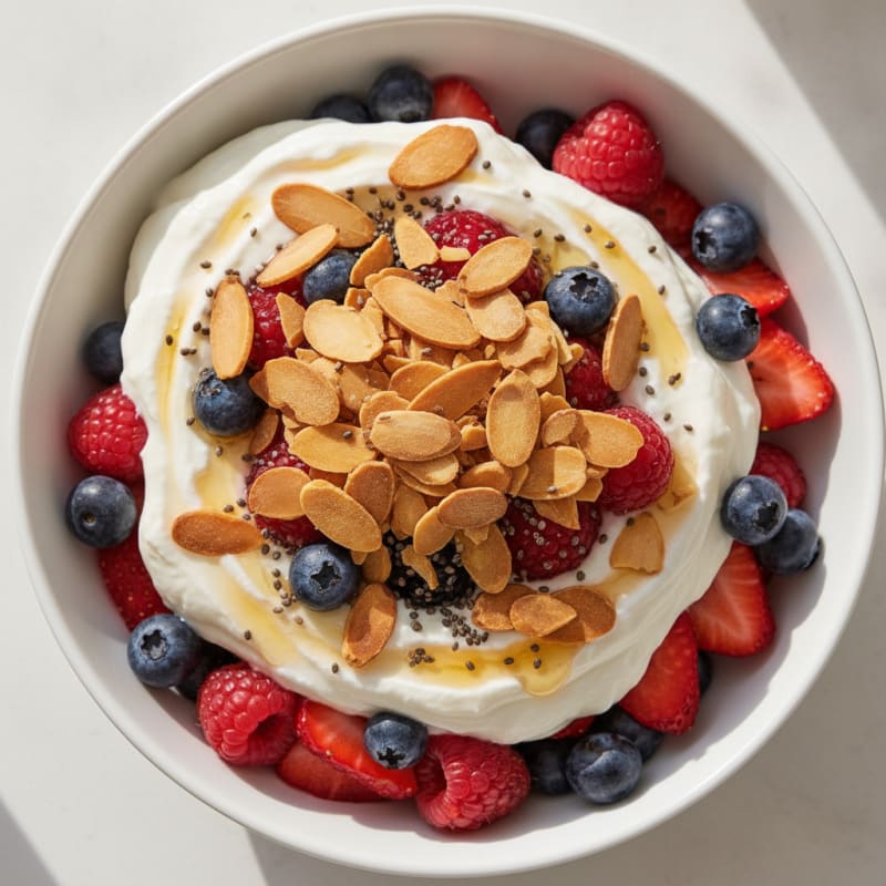 Greek Yogurt Protein Parfait with Mixed Berries and Almonds