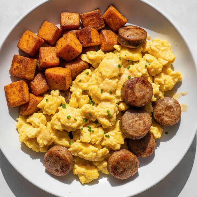 Scrambled Eggs with Chicken Sausage and Roasted Sweet Potatoes