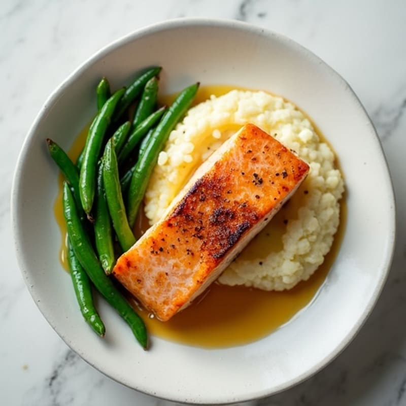 Seared Salmon with Garlic Green Beans and Cauliflower Mash