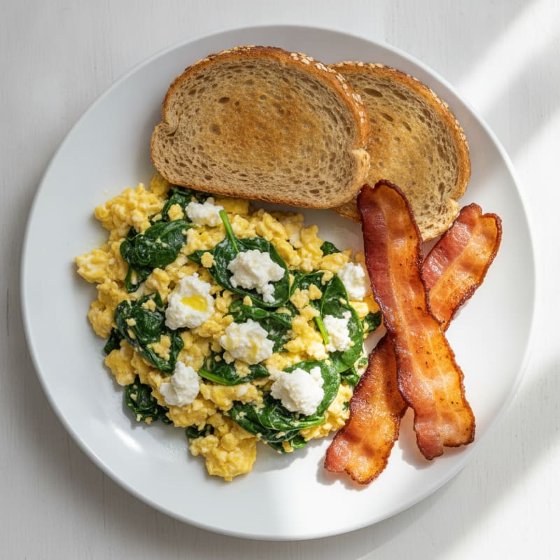 Cottage Cheese Egg Scramble with Spinach and Turkey Bacon