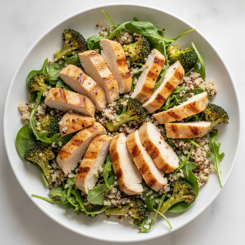 Grilled Chicken Breast Salad with Quinoa and Roasted Broccoli
