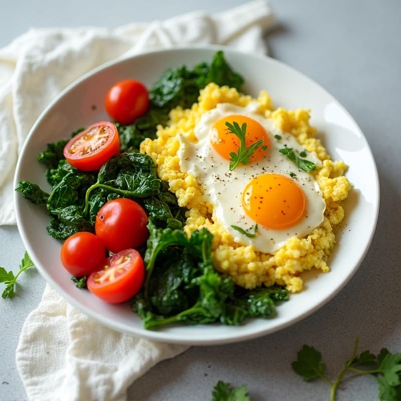 High-Protein Scrambled Eggs with Sautéed Spinach and Burst Cherry Tomatoes