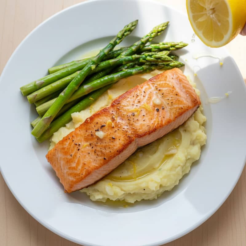 Seared Salmon with Steamed Asparagus and Garlic Mashed Potatoes