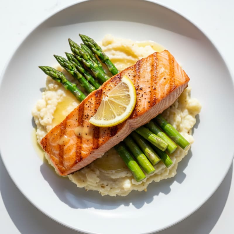 Seared Salmon with Steamed Asparagus and Garlic Cauliflower Mash