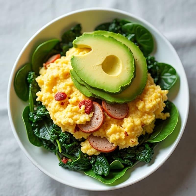 Egg White and Turkey Sausage Scramble with Sautéed Spinach