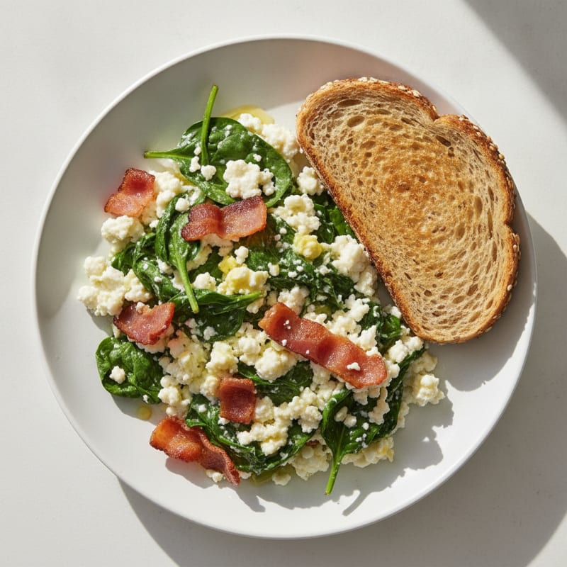Egg White and Cottage Cheese Scramble with Spinach and Turkey Bacon