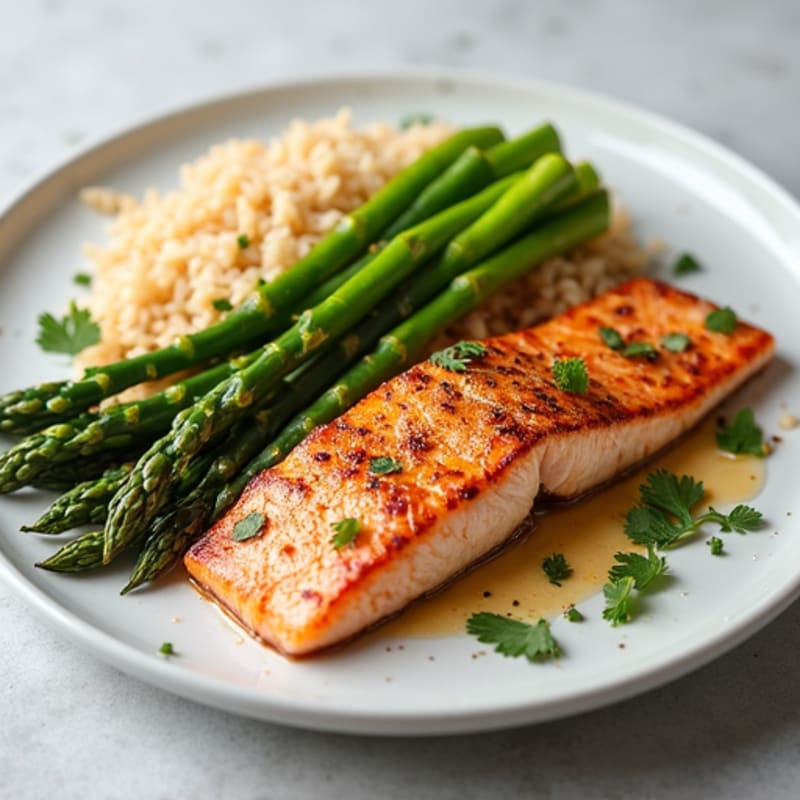 Seared Salmon with Steamed Asparagus and Brown Rice