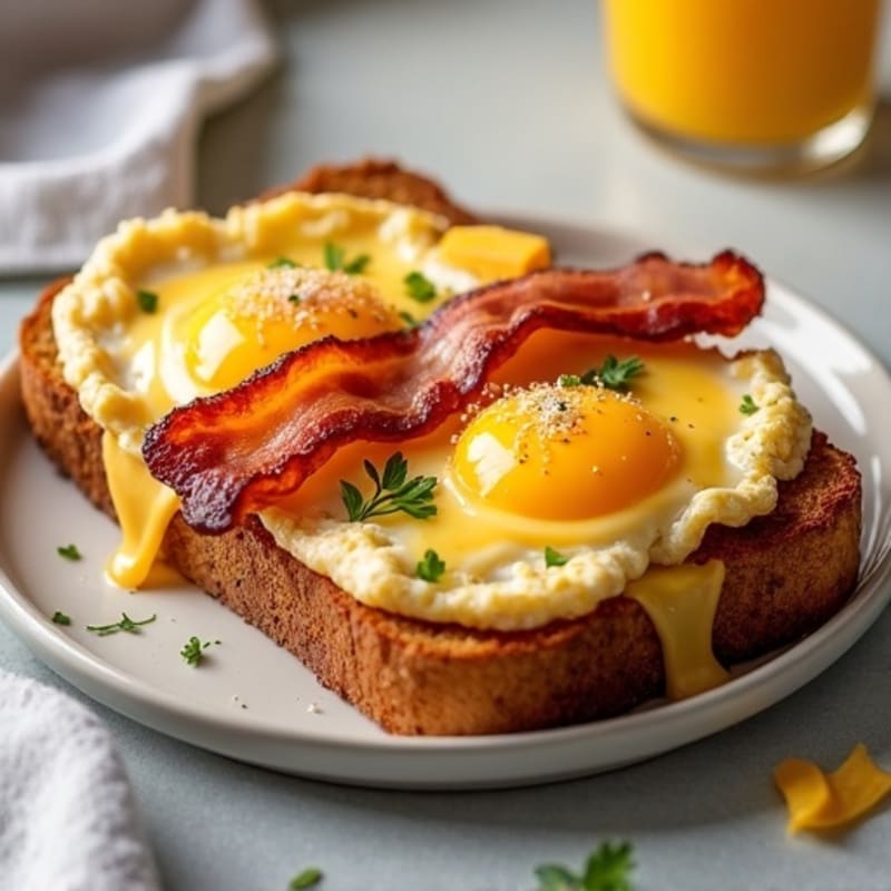 Open-Faced Crispy Bacon and Egg Toast with Melted Cheddar