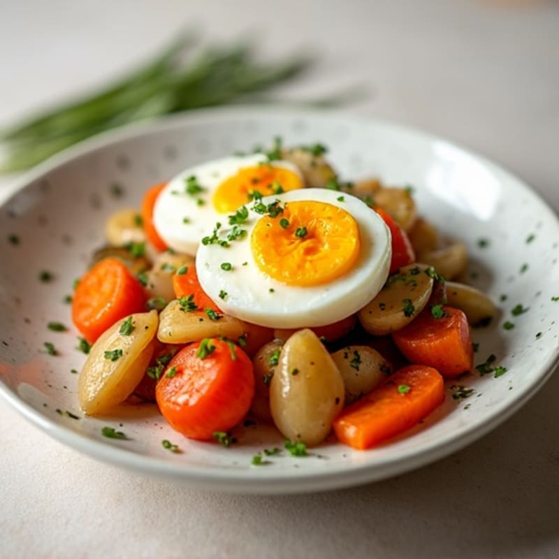 Boiled Root Vegetables with Chives and Soft Boiled Egg