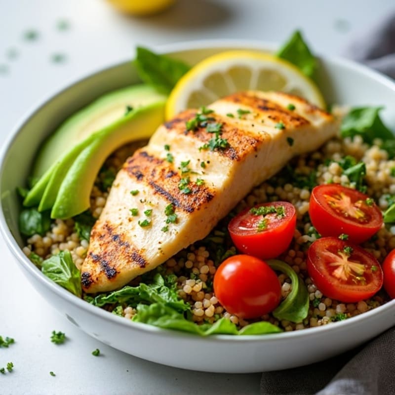 Grilled Lemon Garlic Chicken Salad with Quinoa and Avocado
