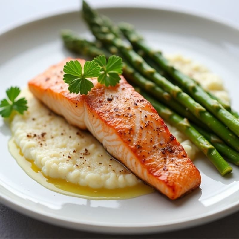 Seared Salmon with Roasted Asparagus and Cauliflower Mash