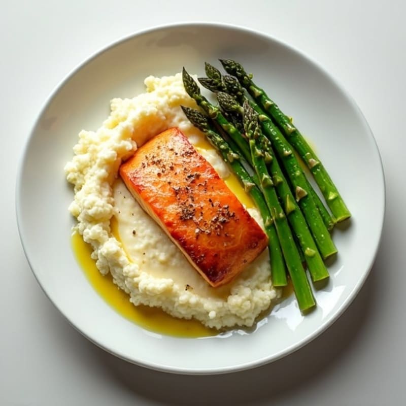 Seared Salmon with Steamed Asparagus and Cauliflower Mash