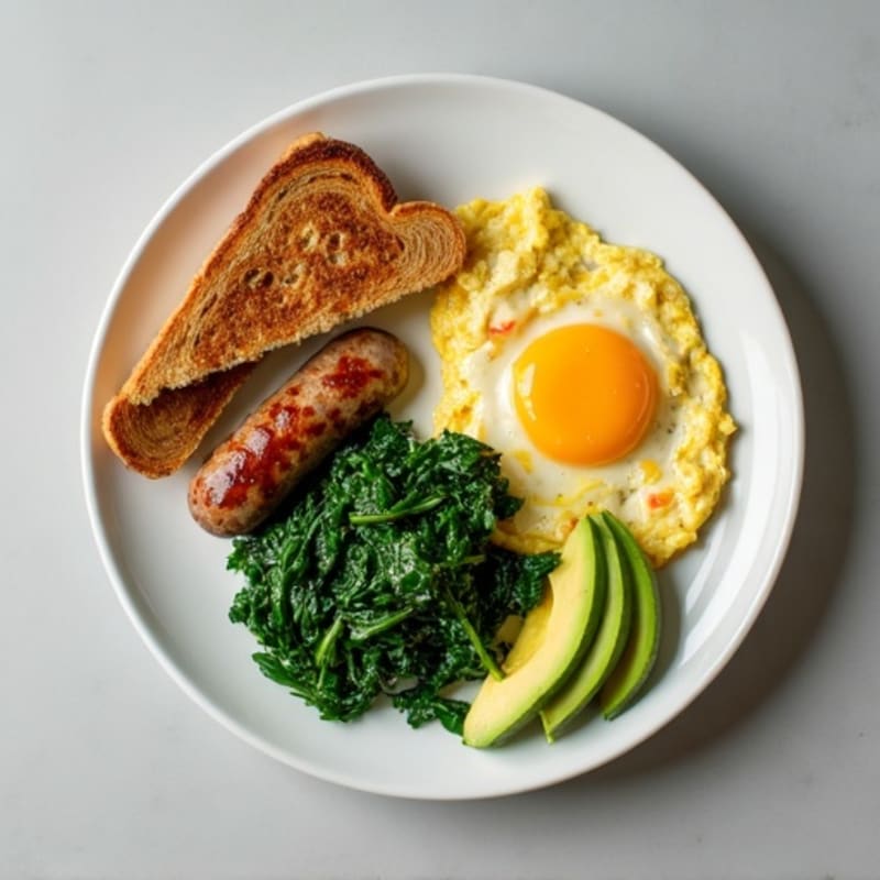 Egg White Scramble with Turkey Sausage and Sautéed Spinach