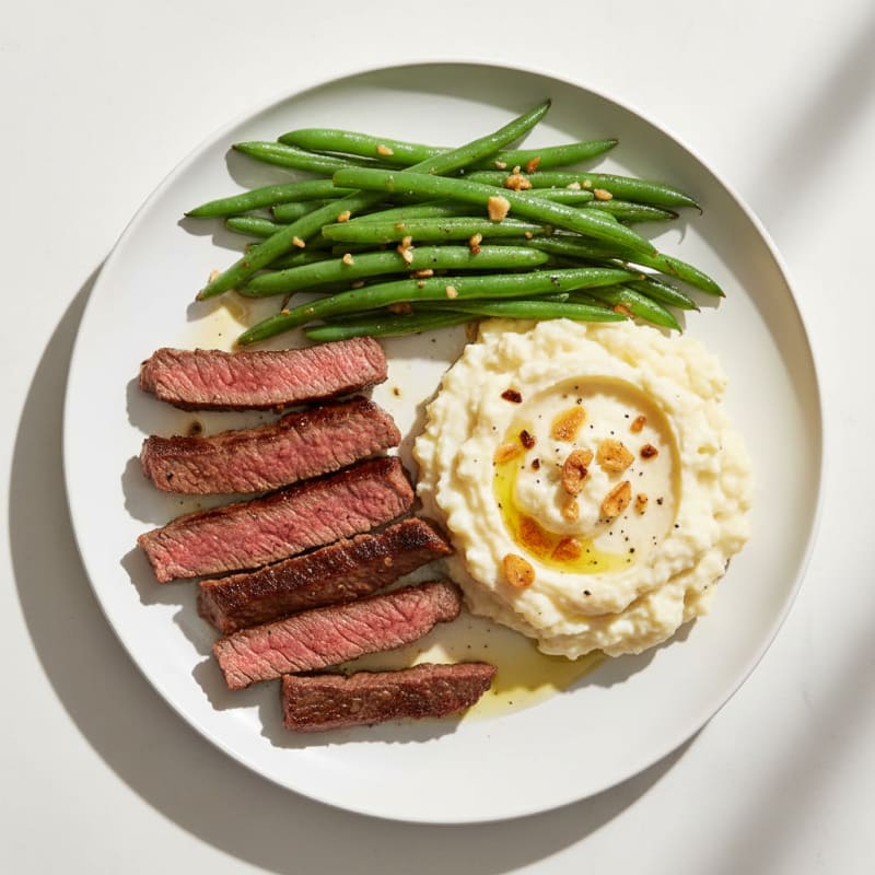 Seared Lean Beef Strips with Garlic Green Beans and Cauliflower Mash