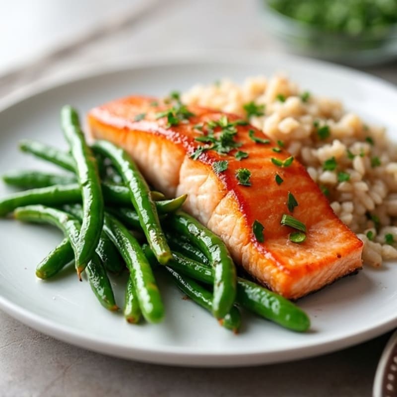 Seared Salmon with Garlic Green Beans and Brown Rice