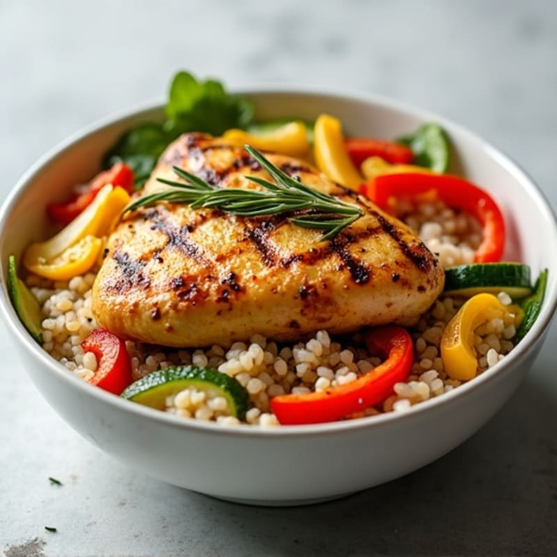 Herb-Garlic Grilled Chicken with Roasted Vegetable Rice Bowl