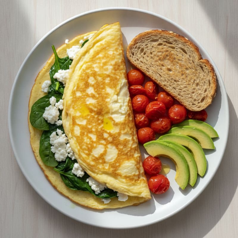Egg White Spinach Omelette with Cottage Cheese and Cherry Tomatoes