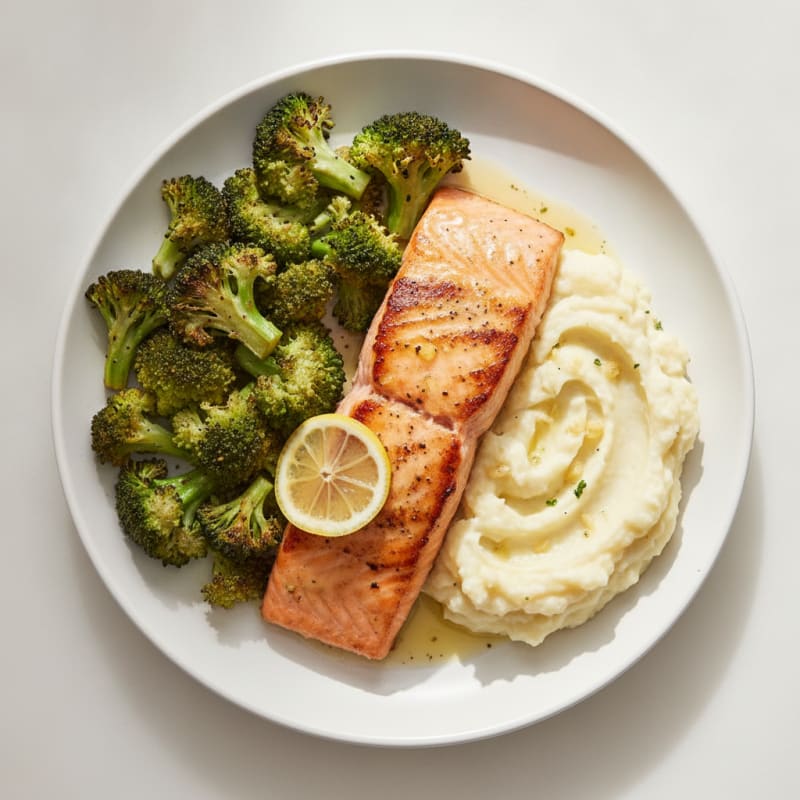 Pan-Seared Salmon with Roasted Broccoli and Garlic Mashed Cauliflower