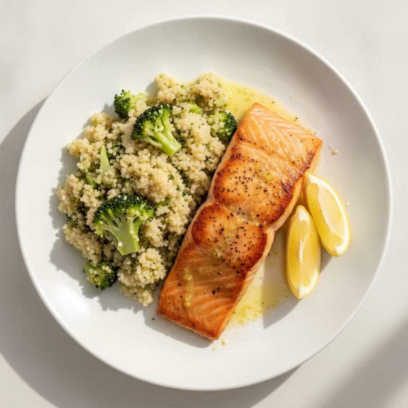 Seared Salmon with Steamed Broccoli and Quinoa