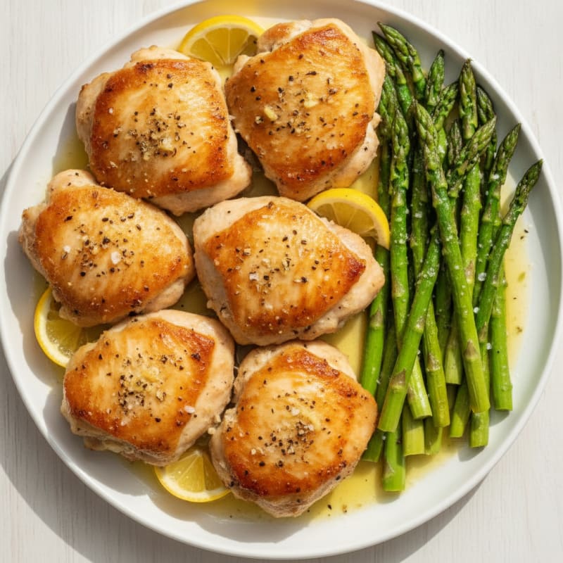 Pan-Seared Lemon Herb Chicken Thighs with Roasted Asparagus