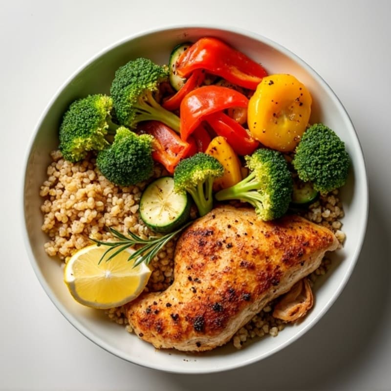 Crispy Lemon Herb Chicken and Roasted Vegetable Power Bowl