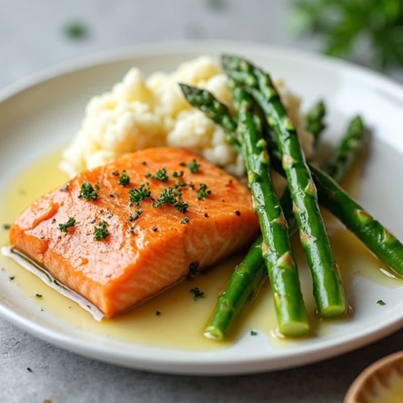 Seared Salmon with Steamed Asparagus and Garlic Mashed Cauliflower