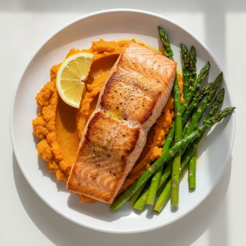 Seared Salmon with Roasted Asparagus and Sweet Potato Mash
