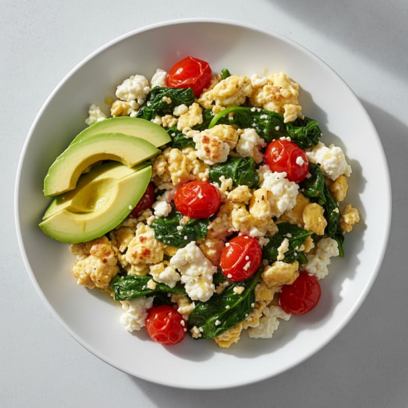 Cottage Cheese Egg Scramble with Spinach and Cherry Tomatoes