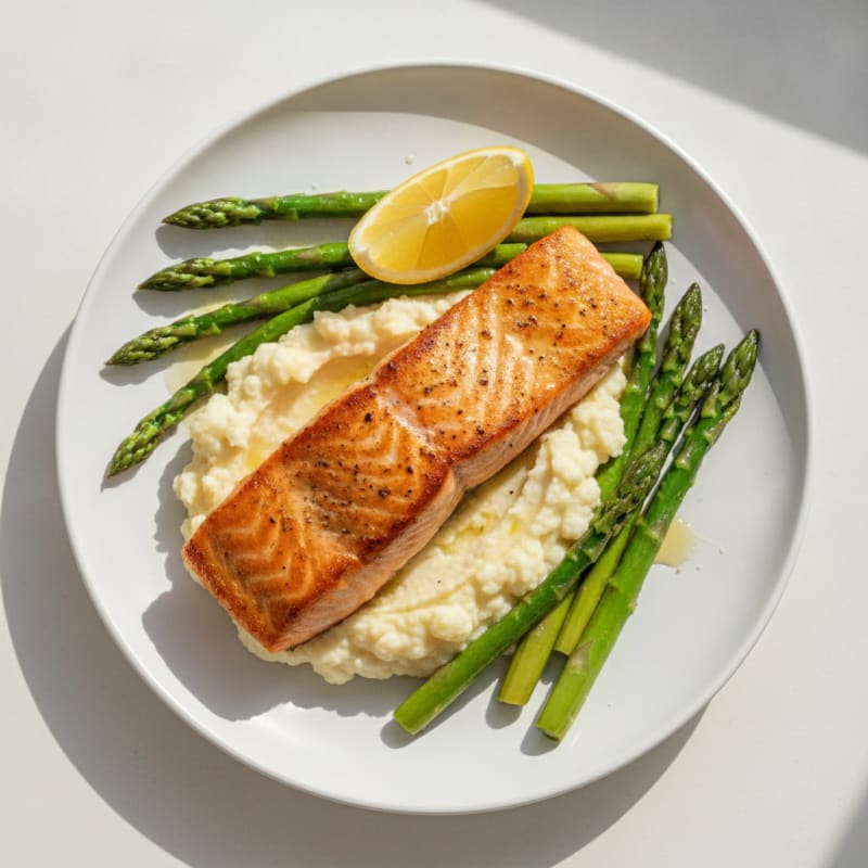 Seared Salmon with Steamed Asparagus and Cauliflower Mash