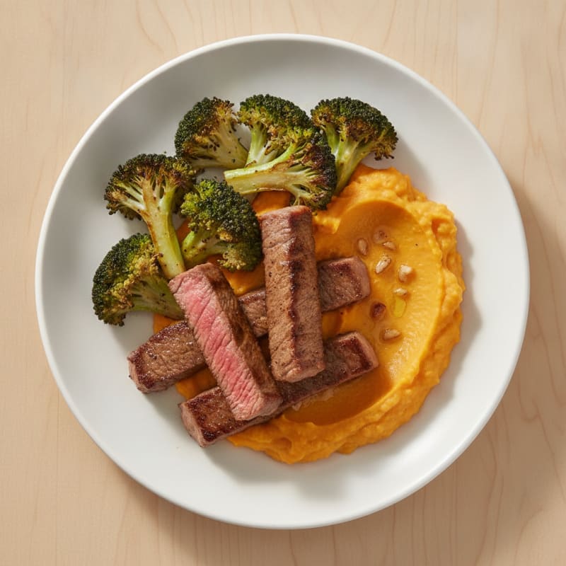 Seared Lean Beef Strips with Roasted Broccoli and Sweet Potato Mash
