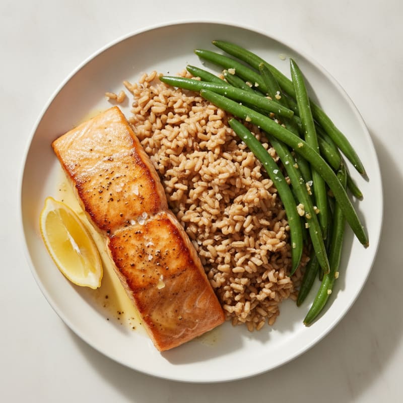 Seared Salmon with Garlic Green Beans and Brown Rice