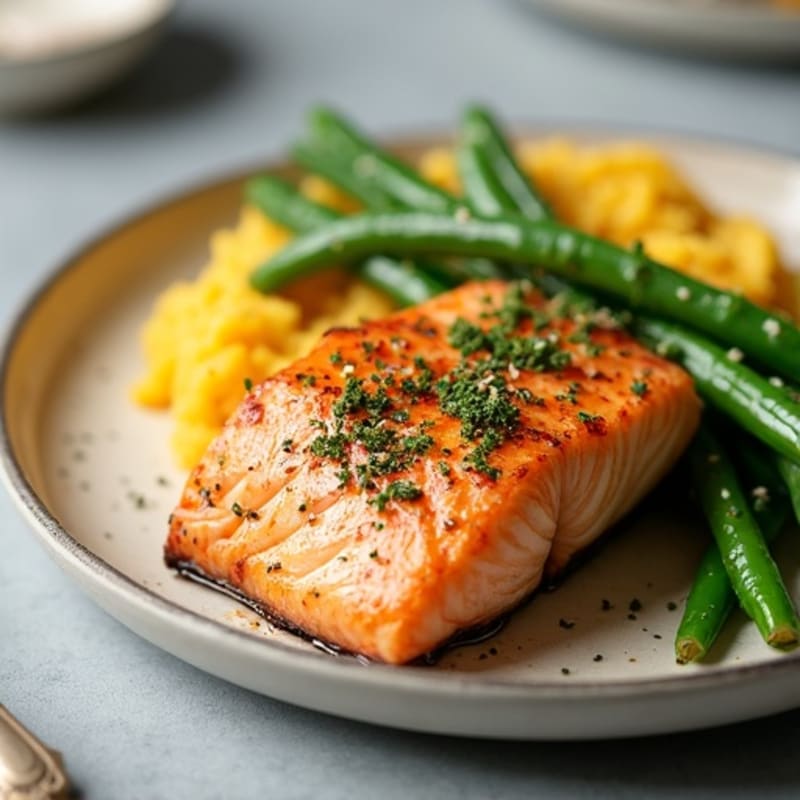 Seared Salmon with Garlic Green Beans and Mashed Sweet Potato