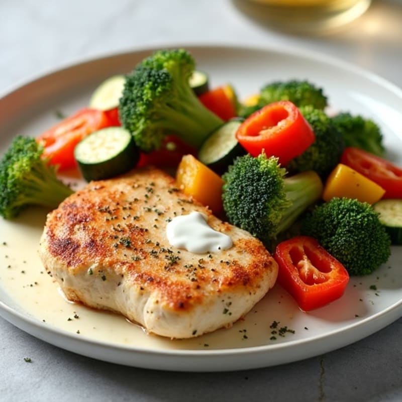 Tender Spiced Chicken with Roasted Vegetables and Creamy Garlic Sauce