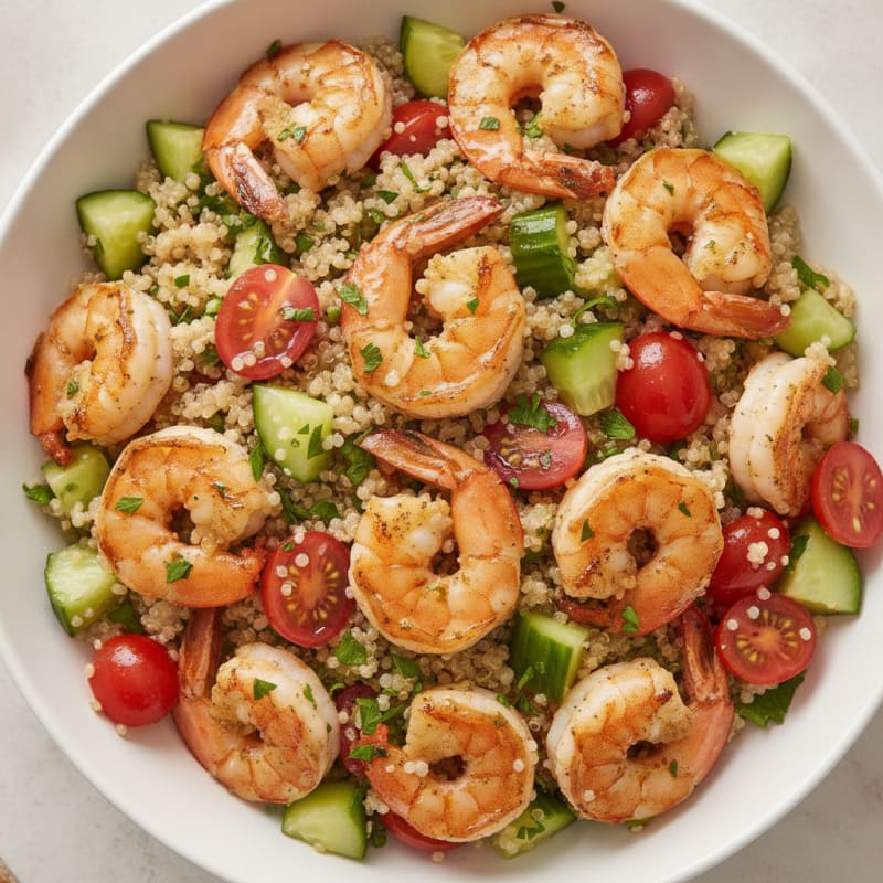 Grilled Shrimp and Quinoa Salad with Crunchy Cucumber and Tomato