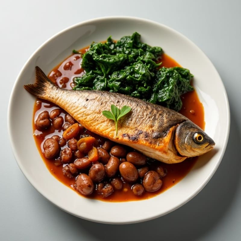 Smoky Mackerel with Stewed Brown Beans, Sautéed Spinach, and Boiled Yam and Plantain