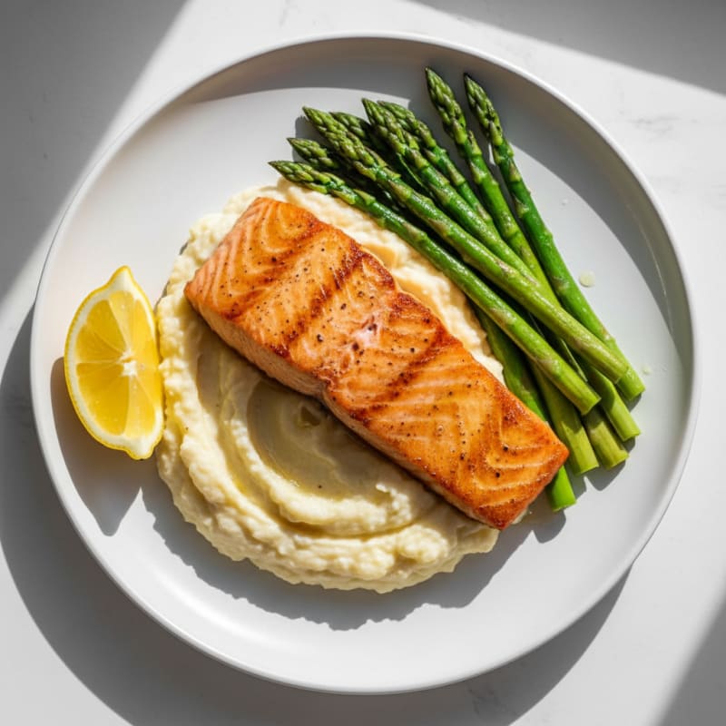 Seared Salmon with Steamed Asparagus and Cauliflower Mash