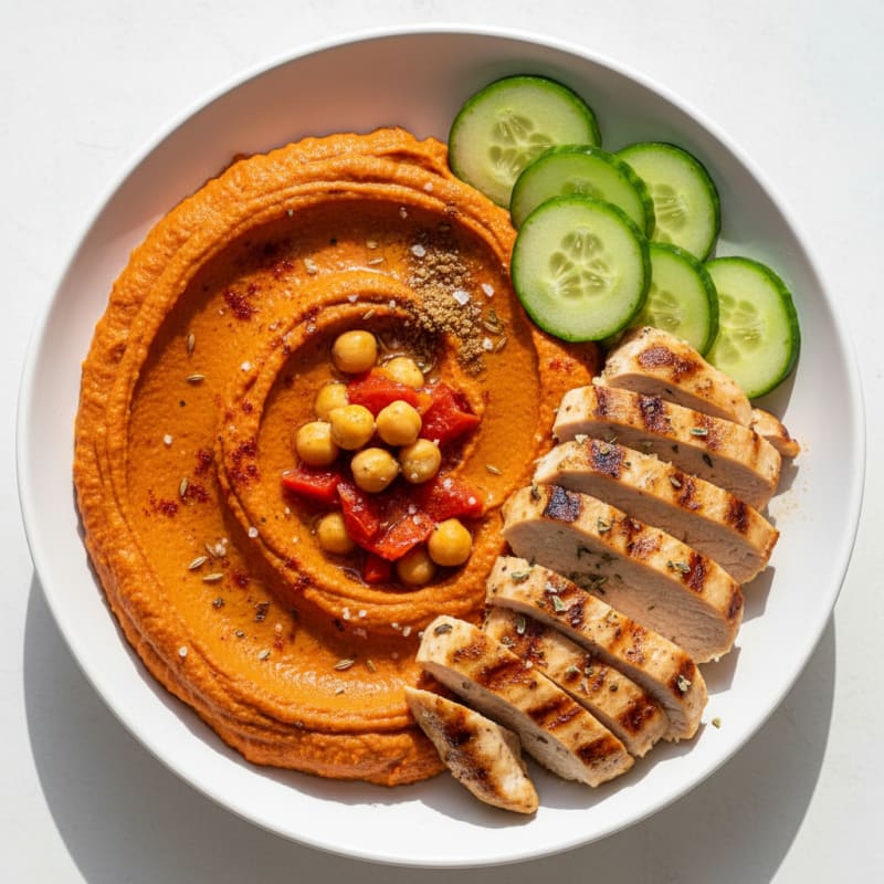 Creamy Roasted Red Pepper Hummus with Spiced Chicken