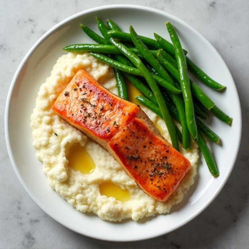 Seared Salmon with Steamed Green Beans and Cauliflower Mash