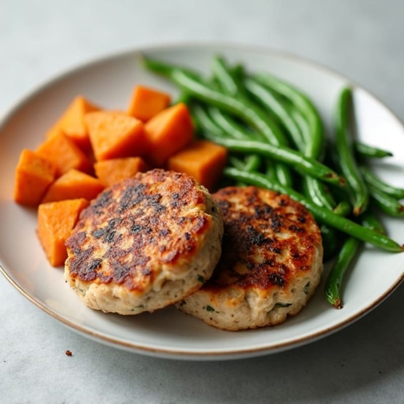 Seared Turkey Patties with Roasted Sweet Potato and Green Beans